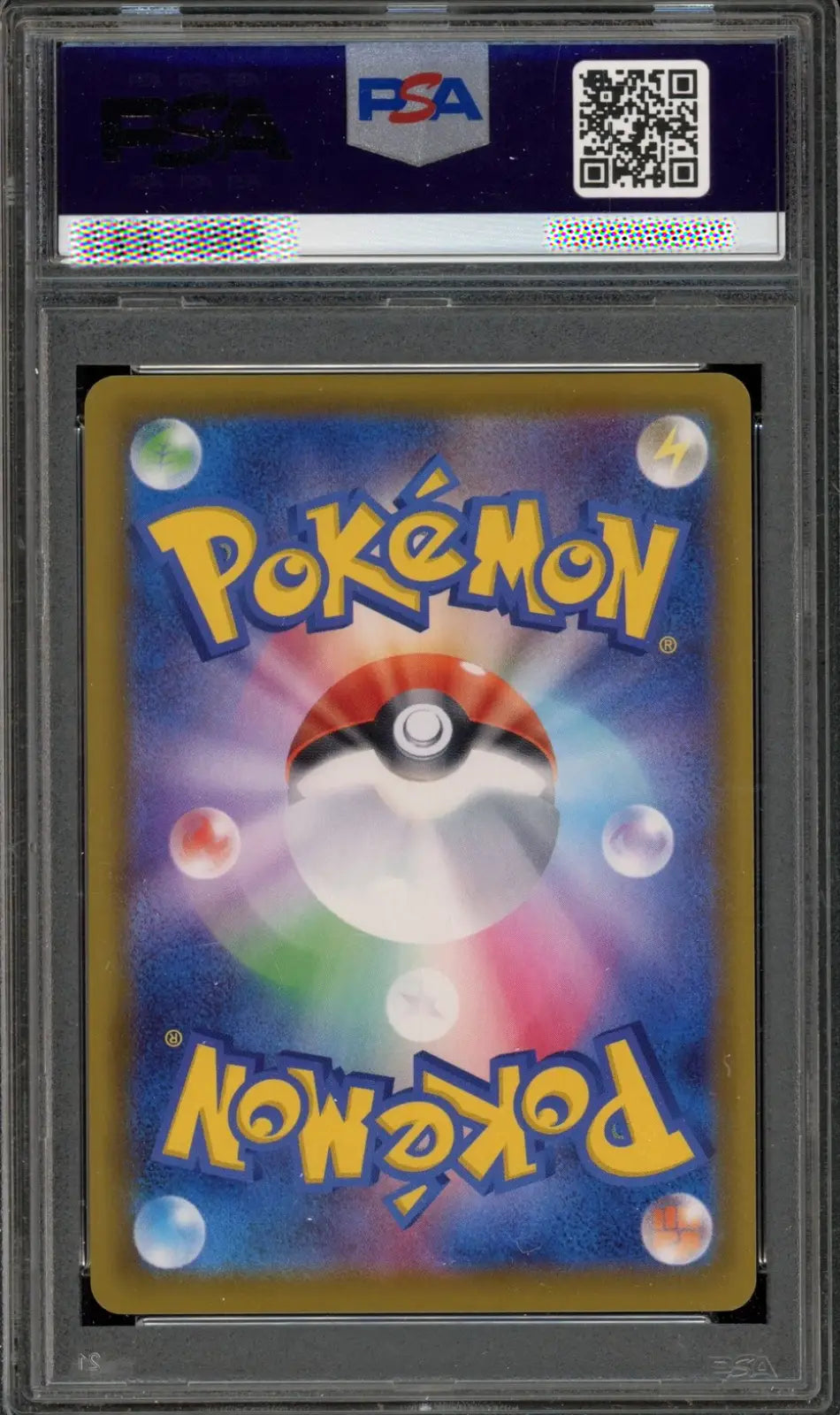 Pokémon trading card in a PSA protective case with a colorful design and Pokéball logo.