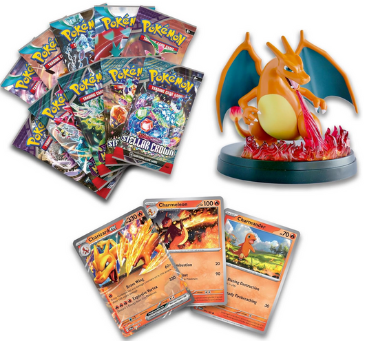 Collection of Pokémon trading cards and a Charizard figure on a white background