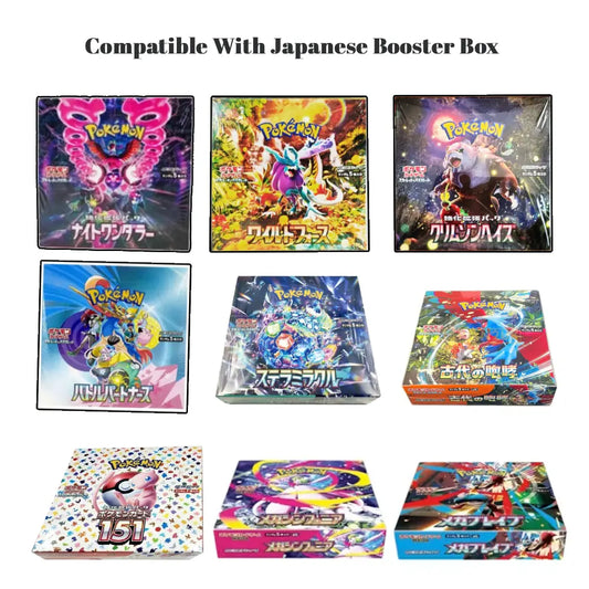 A collage of nine Pokémon booster box packages arranged in a 3-by-3 grid on a white background, with the text 'Compatible With Japanese Booster Box' above. The boxes feature colorful Japanese Pokémon artwork and branding.