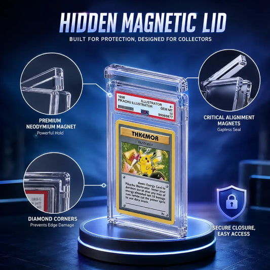 A clear protective card holder displaying a Pokémon TCG card, centered on a glowing circular base with marketing callouts reading 'Hidden Magnetic Lid' and feature labels for neodymium magnets, diamond corners, and secure closure.
