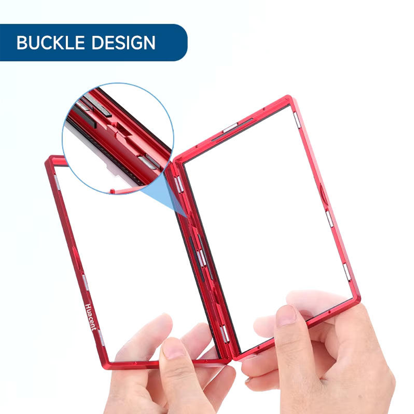 Red phone case with buckle design held by hands on a white background