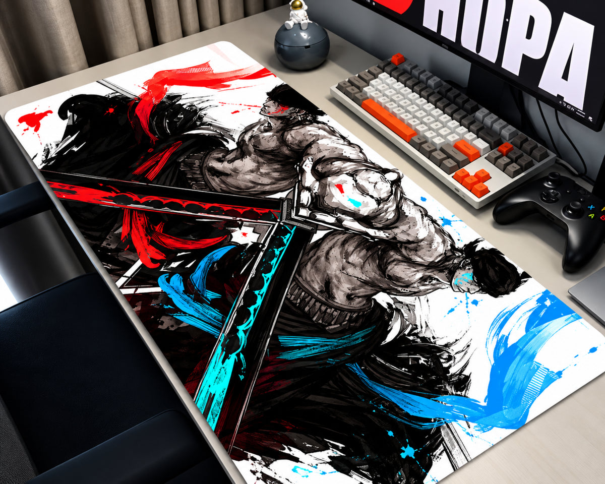 Roronoa Zoro One Piece anime gaming mouse pad featuring dramatic black and white samurai artwork, crossed swords, and bold red, cyan, and blue brushstroke accents.