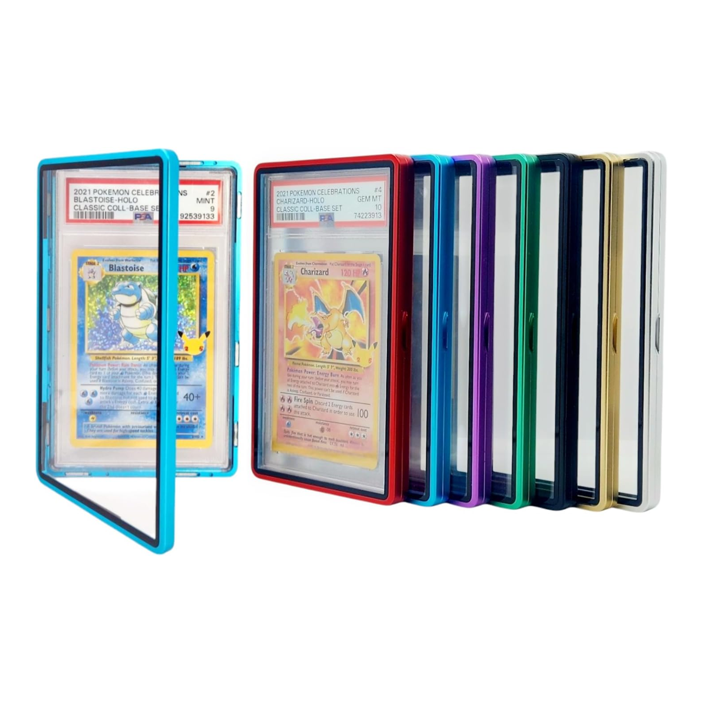Set of colorful card holders with trading cards inside on a white background