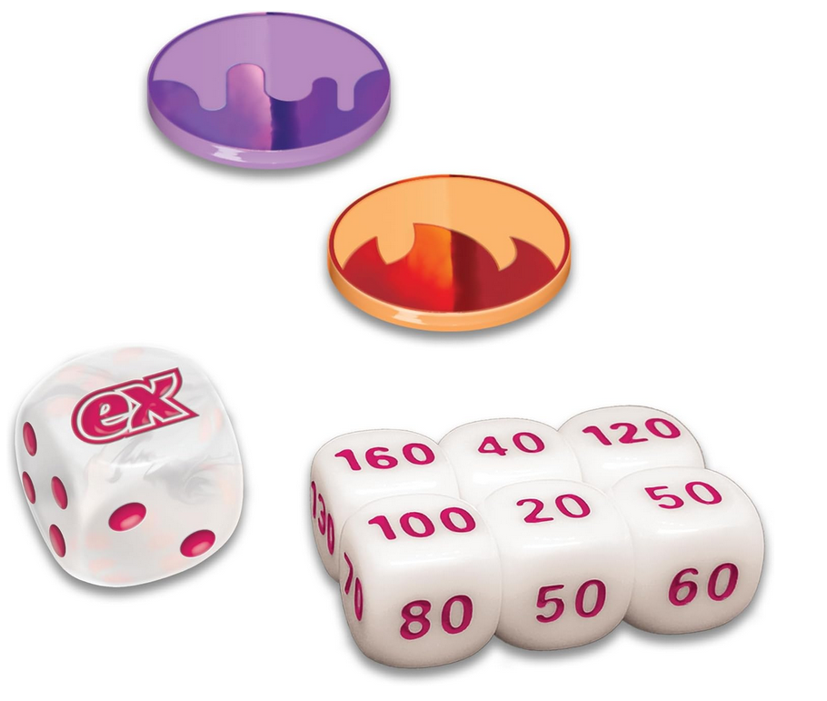 Set of dice with different colors and numbers on a white background
