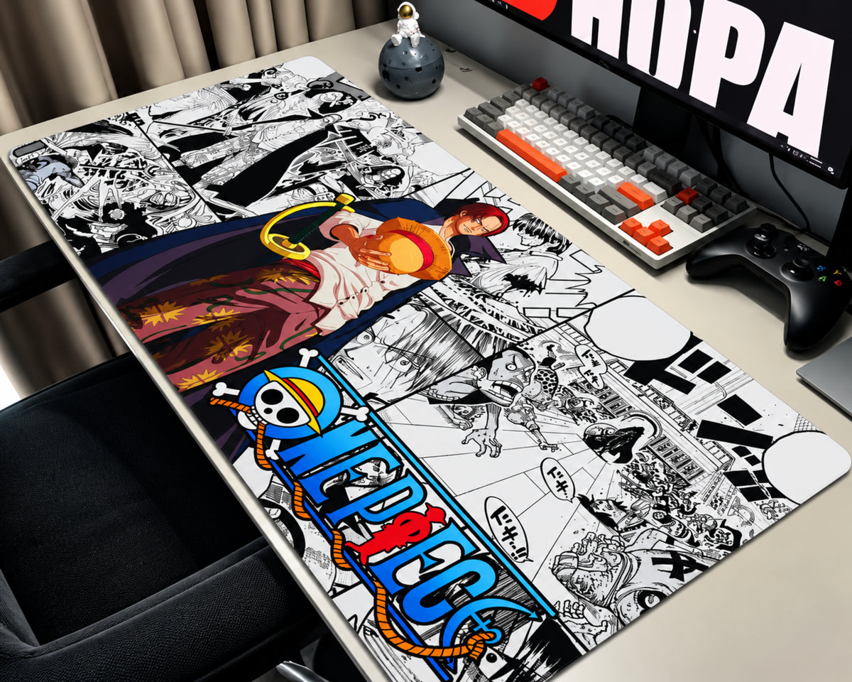 Shanks One Piece gaming mouse pad featuring a red-haired pirate holding a straw hat over a black-and-white manga collage with a colorful One Piece logo.
