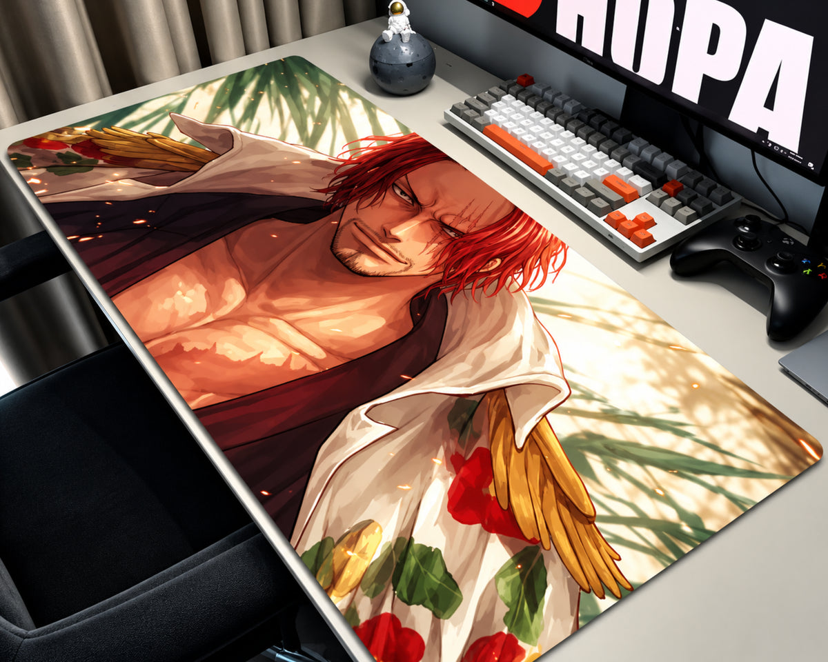 Shanks One Piece anime gaming mouse pad featuring red hair, a dark pirate outfit, golden feather details, and a tropical cream background.
