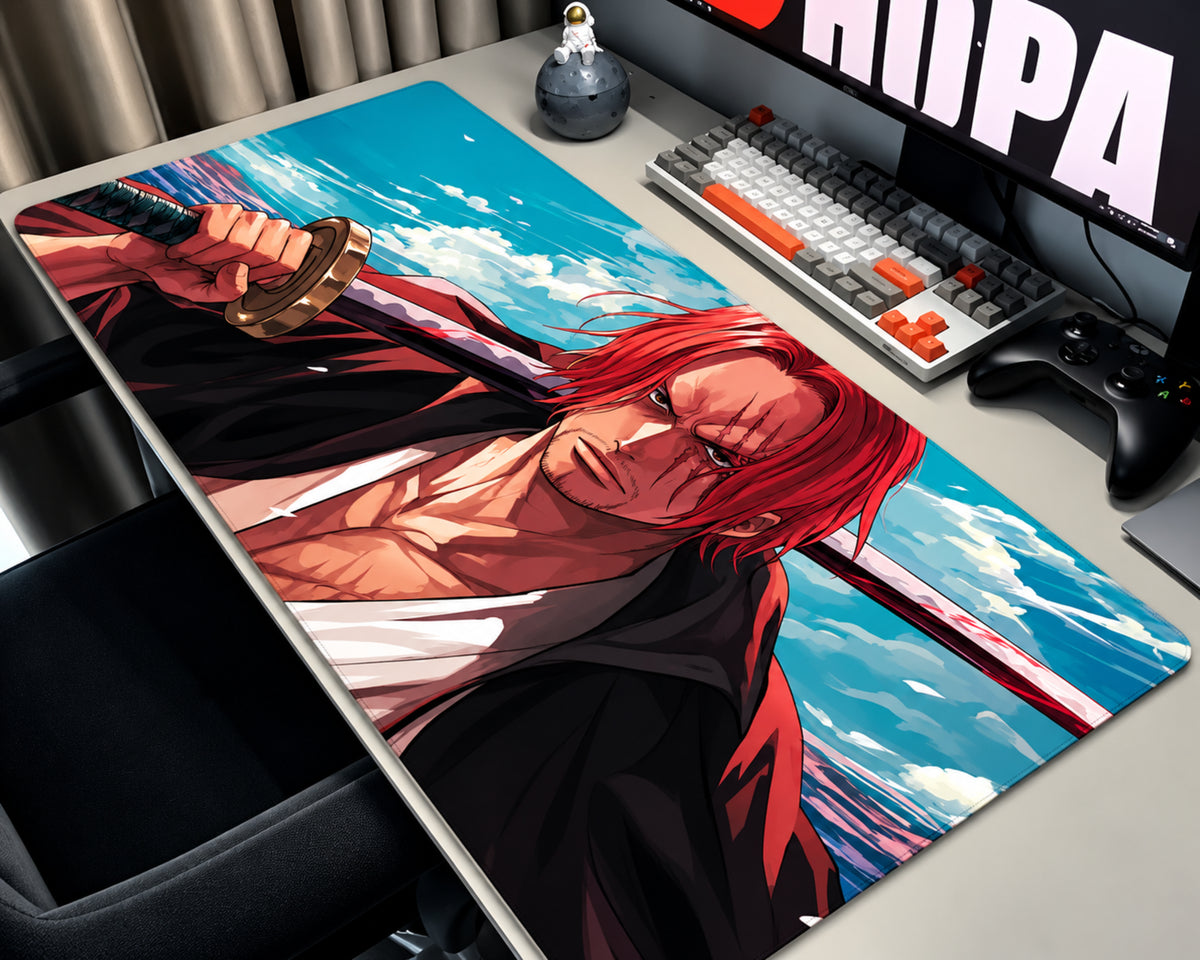 Shanks One Piece gaming mouse pad featuring red hair, a sword, a black pirate coat, and a vibrant blue ocean sky.