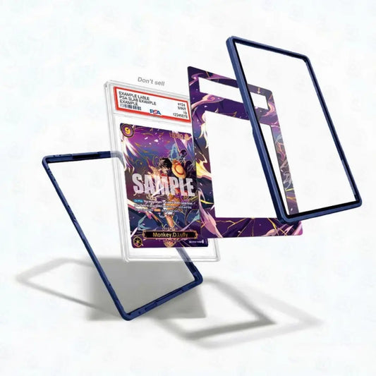 Card display cases with a sample trading card on a white background
