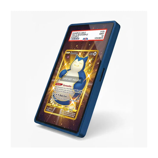 A blue protective case for a smartphone, shown standing upright at an angle. The screen of the phone displays a Pokémon card inside an PSA graded holder, with the PSA label clearly visible at the top of the screen.
