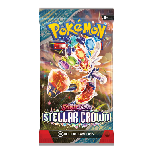 Pokémon Stellar Crown trading card game pack on a white background