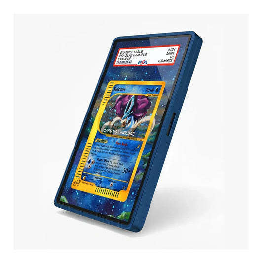 A blue protective case for a smartphone, shown at an angle on a light gray background. The screen displays a sample card grading label from PSA and a Pokémon card graphic, illustrating how the case protects the phone.