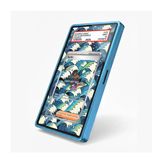A blue protective phone case with a printed wave pattern, shown standing upright on a light gray background. The pattern features blue and white ocean waves with a small surfer graphic, and a sample card is partially visible through a transparent window on the back of the case.