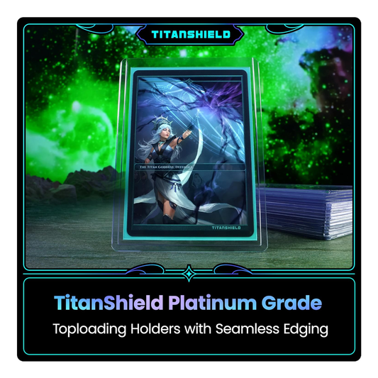 TitanShield Platinum Grade card holder with a card featuring a character in a fantasy setting.
