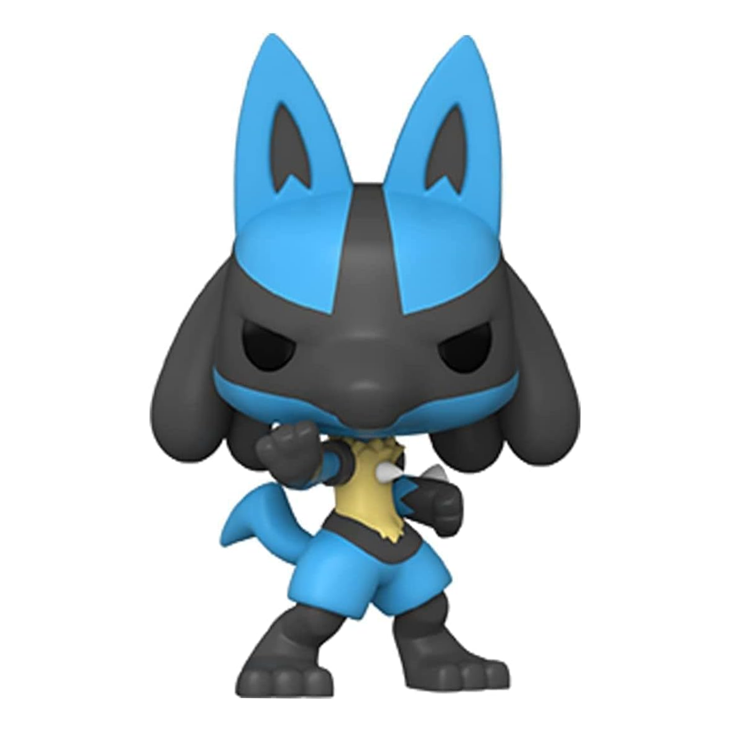 Toy figure with blue and black design on a white background