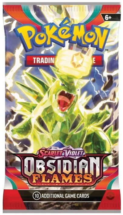 Pokémon trading card game pack with Obsidian Flames design on a white background