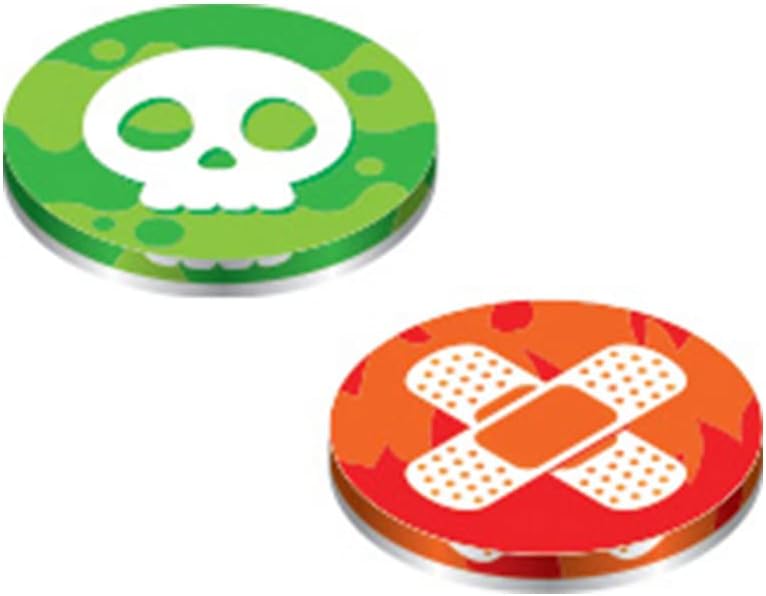 Two round stickers with a skull design on green and bandage design on orange, on a white background.