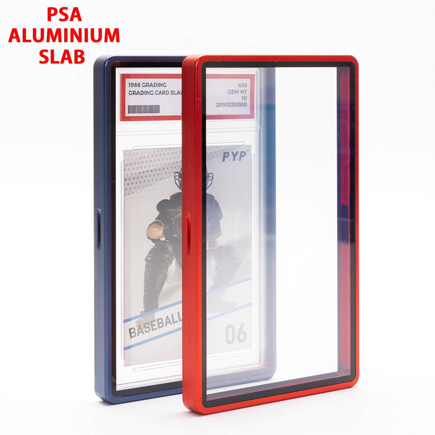 Two trading card protectors with a baseball card inside, one red and one blue, on a white background.