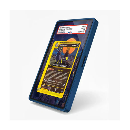 A blue protective phone case shown at an angle, featuring a printed sample of a Pokémon TCG trading card on its screen, set against a clean white background.