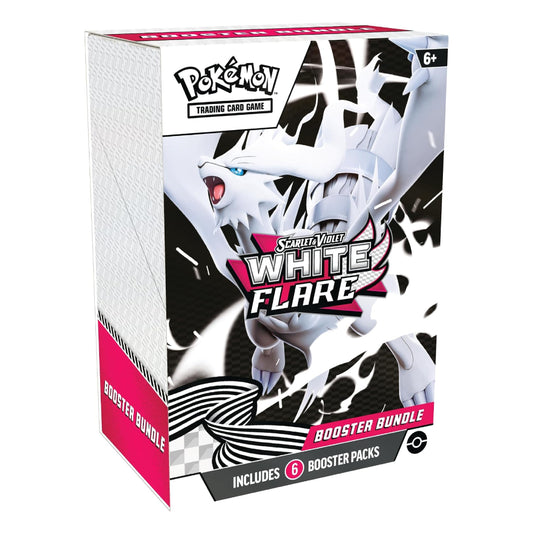 Pokémon Trading Card Game Scarlet & Violet White Flare Booster Bundle box, featuring a white and black design with a pink accent and an illustration of the White Flare character.
