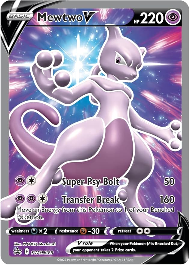 Mewtwo V Pokémon trading card with vibrant design and character illustration.
