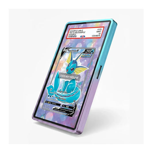 A Pokémon-themed protective phone case shown at an angle on a light gray background. The case has a pastel gradient transitioning from light blue/cyan on the left to lavender/purple on the right, with a black bezel around a screen displaying a holographic Vaporeon card.