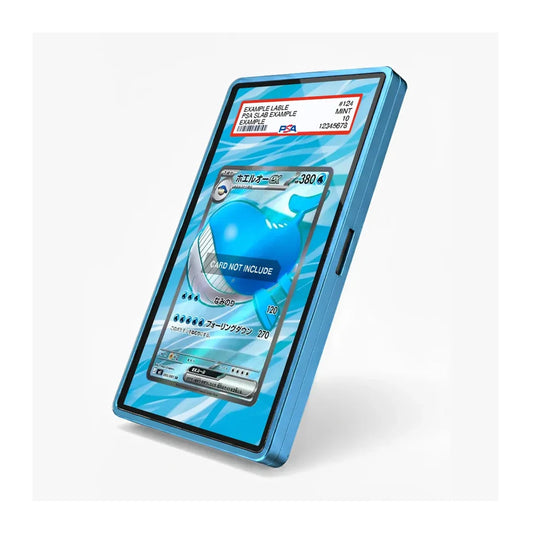 A blue protective phone case with a transparent screen protector, shown at an angle on a light gray background. The screen protector features a sample Pokémon card graphic with a 'CAUTION HOT INCLUDE' warning label.