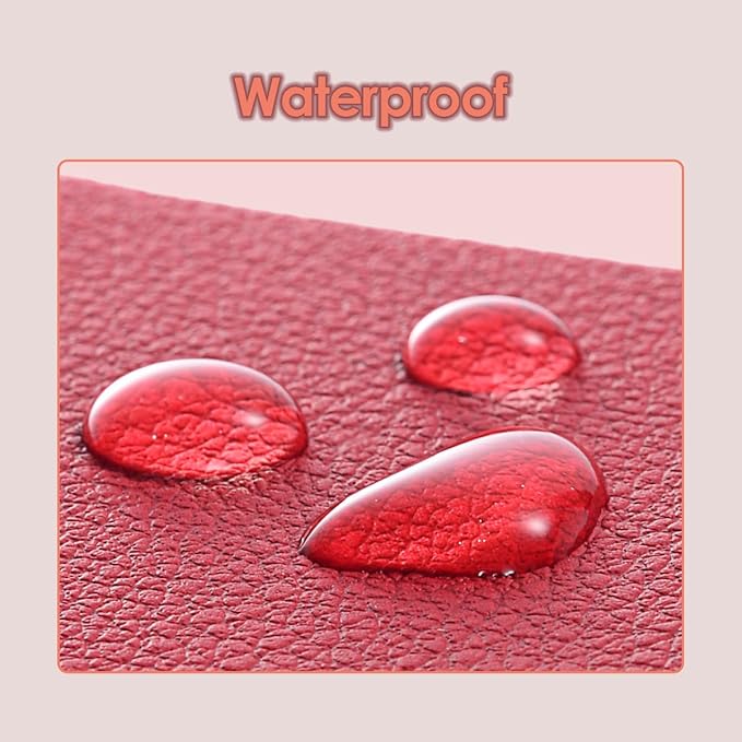 Red water droplets on a textured surface with 'Waterproof' text above.