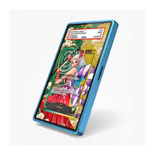 A blue protective phone case shown on a smartphone, featuring a colorful anime-style illustration of a female character with red and purple armor. The case has a metallic blue border and a black side button cover, displayed against a clean white background.