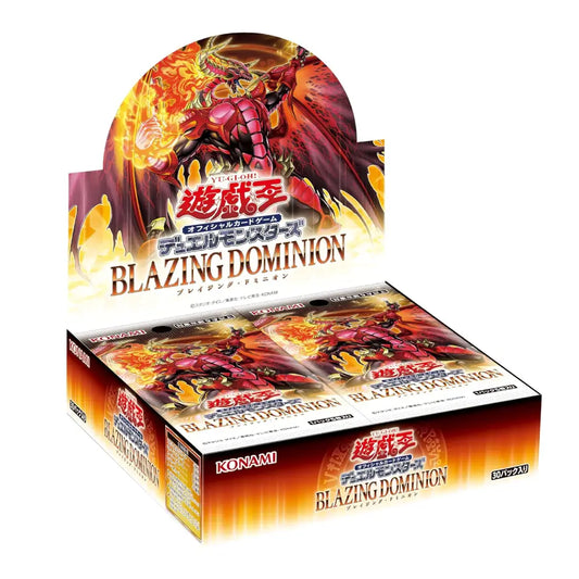 A display box of Yu-Gi-Oh! Trading Card Game 'Blazing Dominion' booster packs, featuring vibrant artwork of a red dragon with fiery wings against a white background.