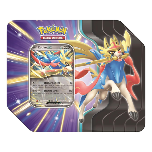 Pokémon trading card game featuring Zacian EX on a colorful display