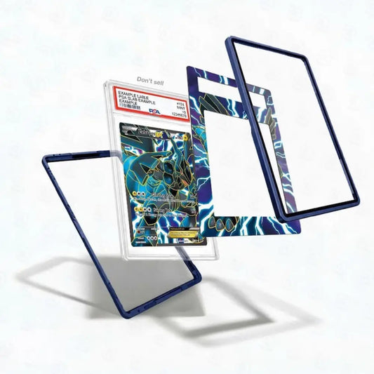 Card in protective holder with blue and white design on a white background