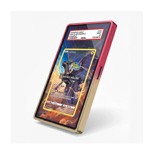 A protective display sleeve for a Pokémon trading card, shown on a smartphone mockup. The sleeve has a metallic gold lower half and a metallic pink upper half, with a PSA graded certificate visible at the top of the insert card.