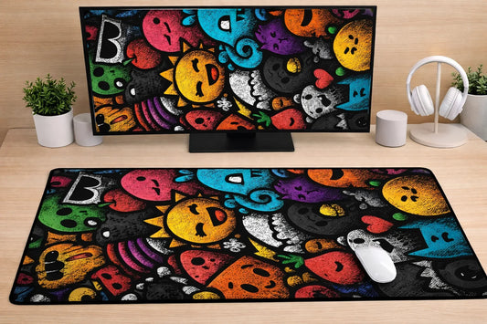 Large 24x12 inch aesthetic mousepad featuring a colorful and textured abstract doodle of monsters, suns, and hearts on a dark background.