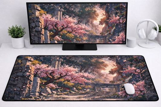 Large 24x12 inch aesthetic mousepad featuring a stone torii gate, blooming cherry blossom trees, and a mountain path on a clean desk setup
