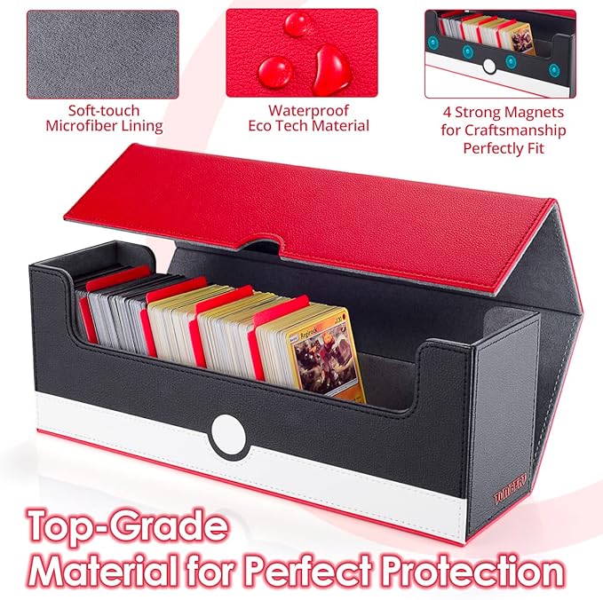 Red and black card holder with features highlighted on a white background