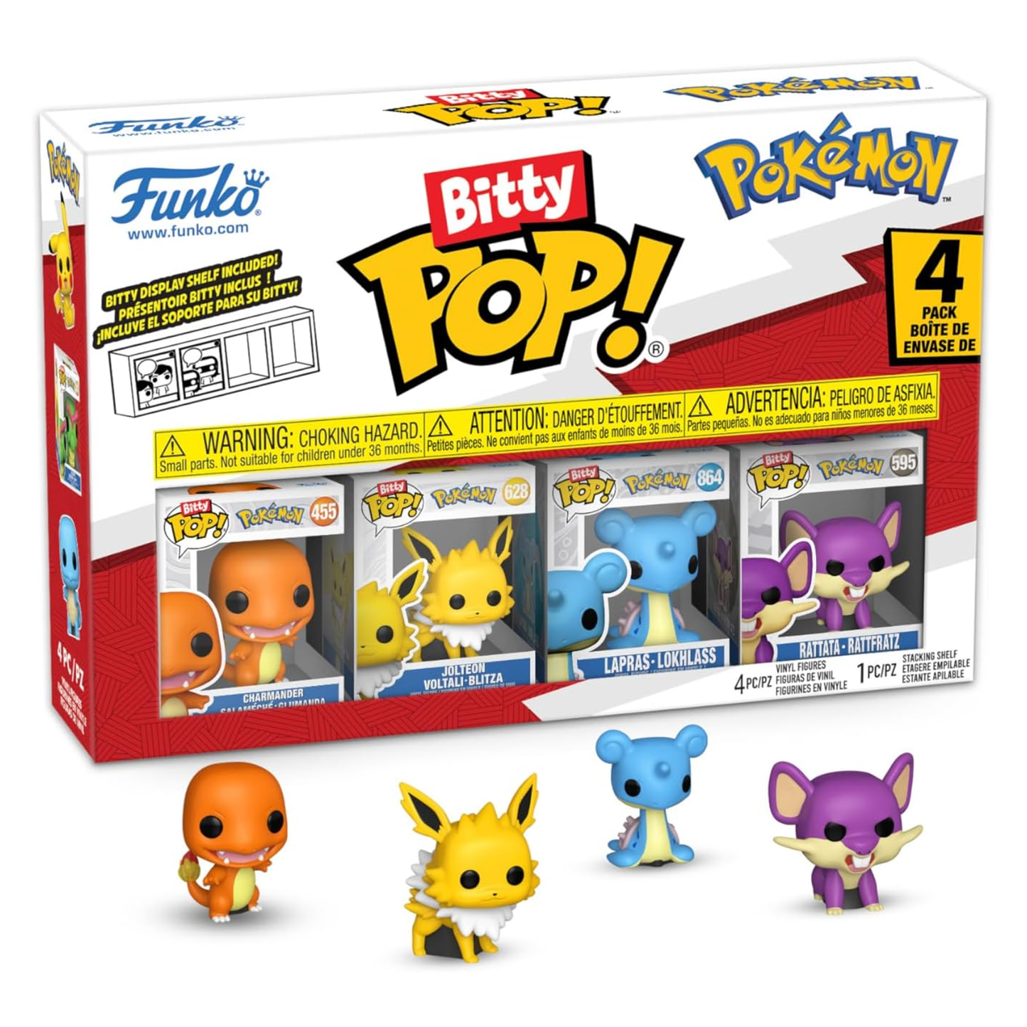 Funko Bitty Pop! Pokemon figure set packaging with figures displayed in front.