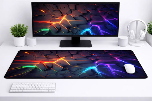 Large 24x12 inch cyberpunk mousepad featuring 3D geometric shapes with glowing red, orange, blue, and green neon lines on a clean desk setup.