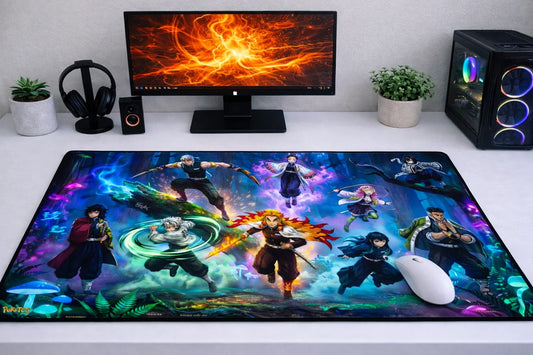 Large 24x12 inch Demon Slayer mousepad featuring all nine Hashira with vibrant breathing style effects on a clean gaming desk setup.