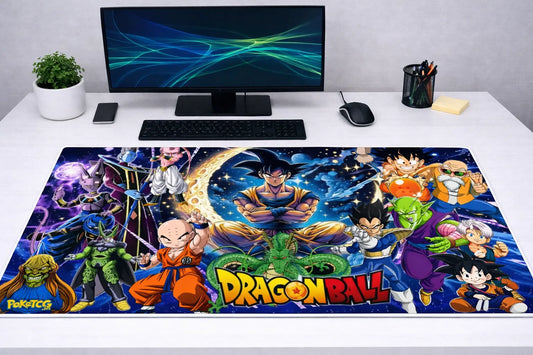 Large 24x12 inch Dragon Ball Super mousepad featuring Goku and various universe warriors on a modern gaming desk setup.