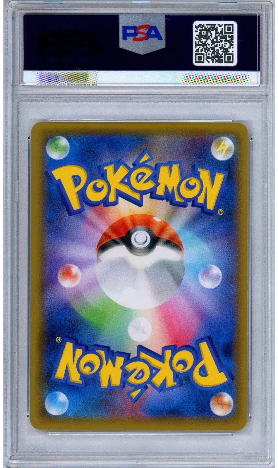 A graded PSA Pokémon card featuring a colorful Pokémon logo and a Pokémon Ball design on a blue gradient background, sealed inside a clear PSA grading case.