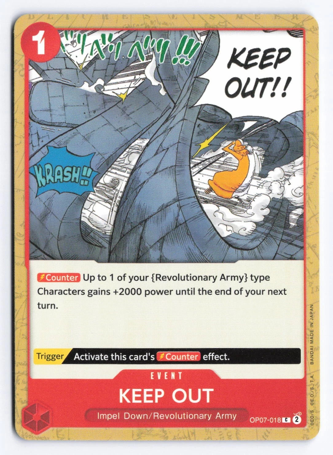 One Piece TCG event card OP07-018 titled "KEEP OUT!!" featuring a stone wall being broken by a blast against a yellow background with a red border.