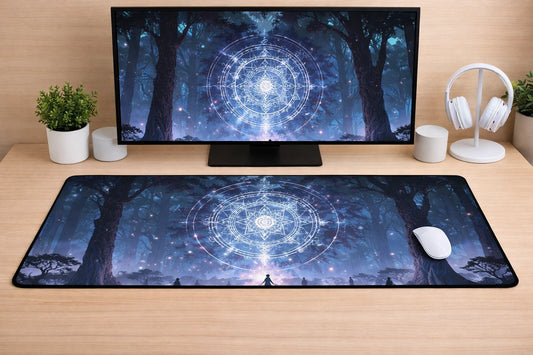 Large 24x12 inch aesthetic mousepad featuring a glowing blue mandala in a dark forest with silhouettes of people on a clean desk setup.