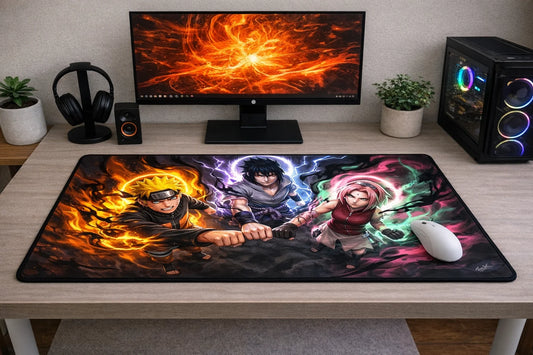 Large 24x12 inch Naruto Team 7 mousepad featuring Naruto, Sasuke, and Sakura with elemental energy effects on a clean gaming desk setup.