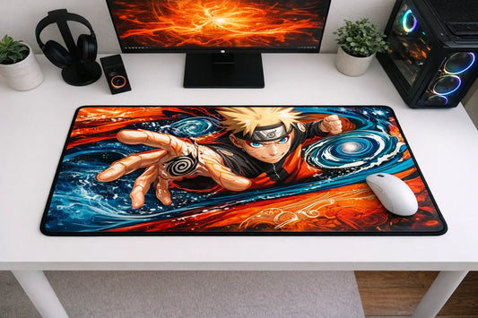Large 24x12 inch Naruto Uzumaki anime mousepad featuring a dynamic blue energy whirlwind on a clean gaming desk setup.