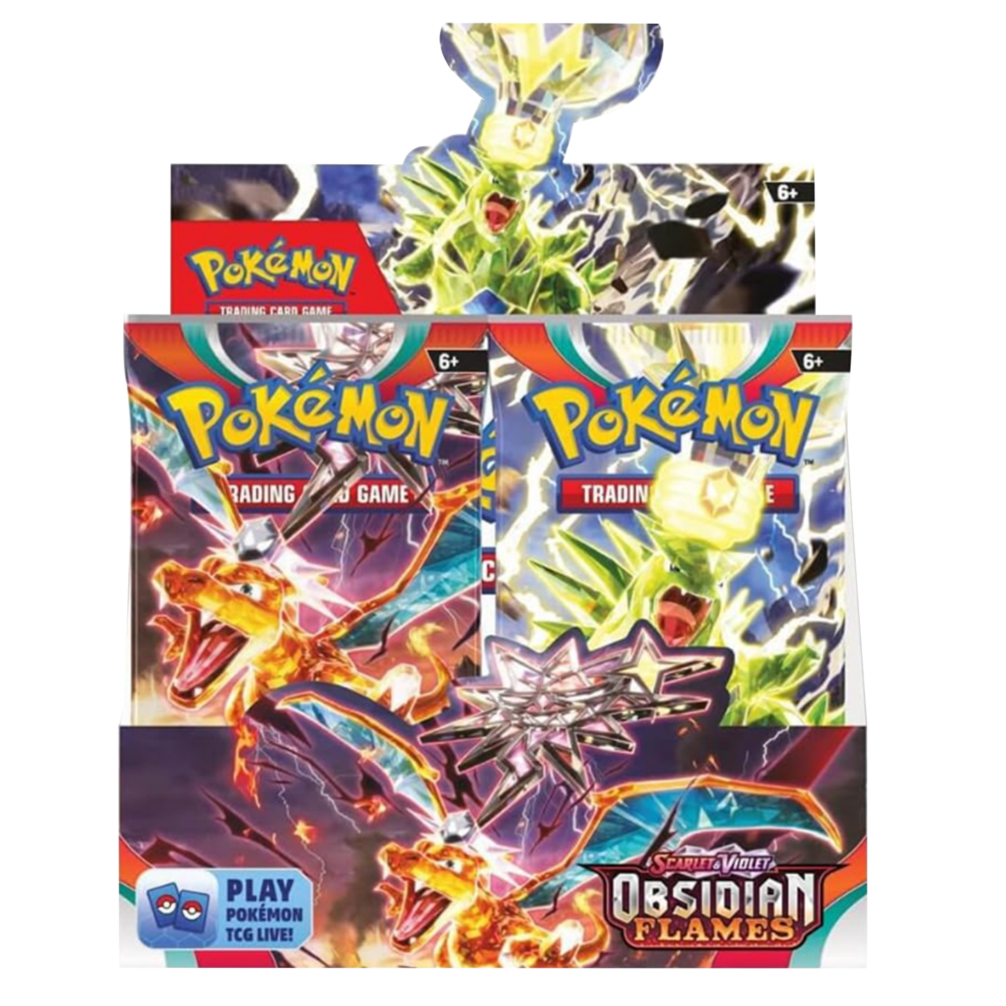 Three Pokemon trading card game packs with colorful designs on a white background