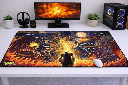 Large 24x12 inch One Piece mousepad featuring the ancient lore and mythology of Elbaph on a clean gaming desk setup.