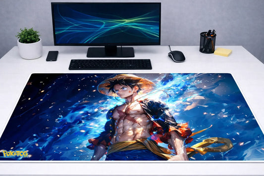 Large 24x12 inch One Piece mousepad featuring an energy-surging Luffy illustration on a modern gaming desk setup.