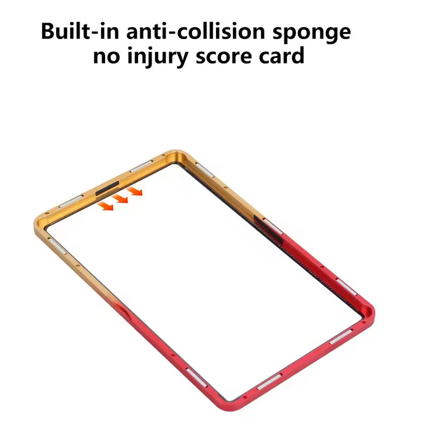 Tablet case with gradient design and text about anti-collision sponge and no injury score card.