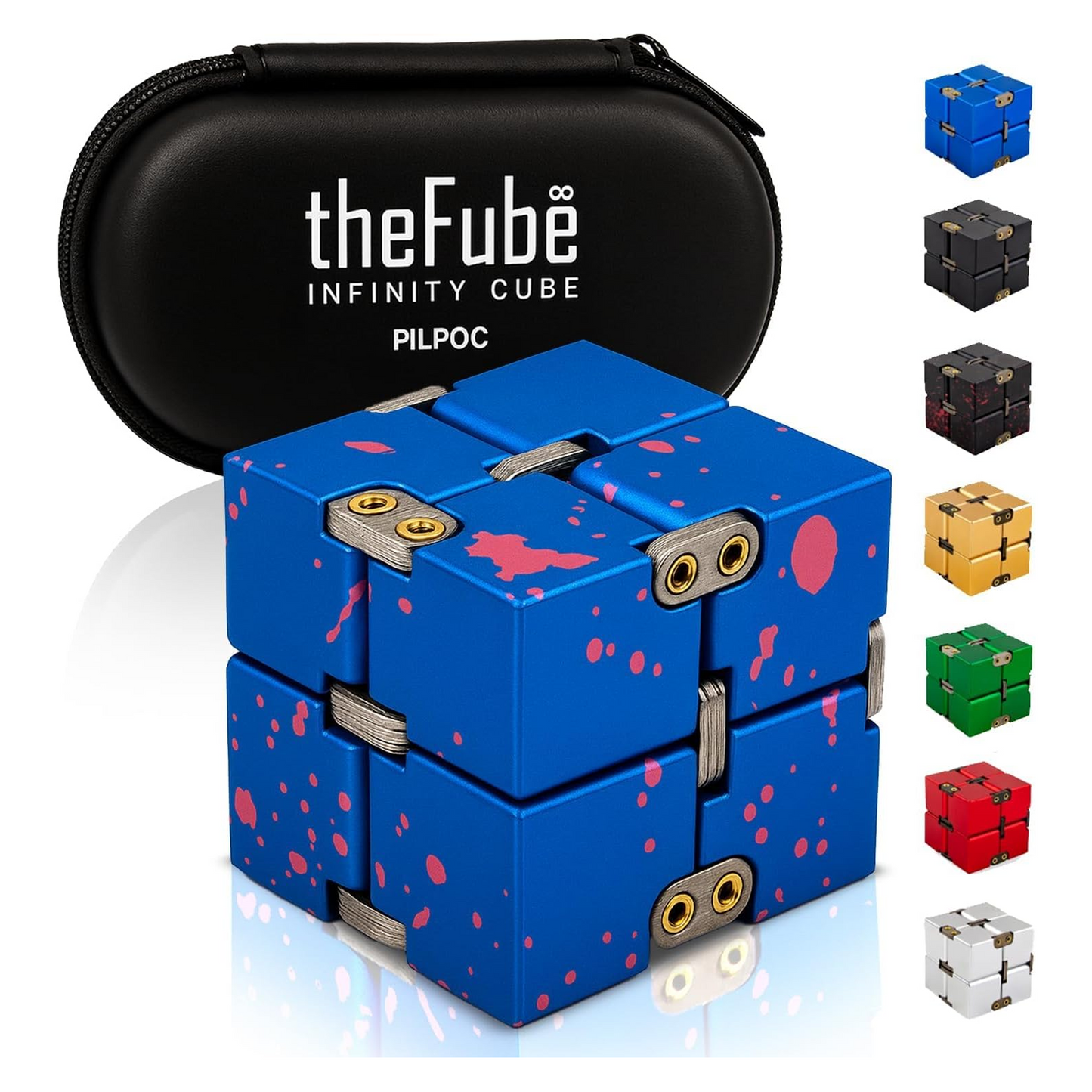 PILPOC theFube aluminum infinity cube fidget desk toy in blue and pink color for stress and anxiety relief with carry case