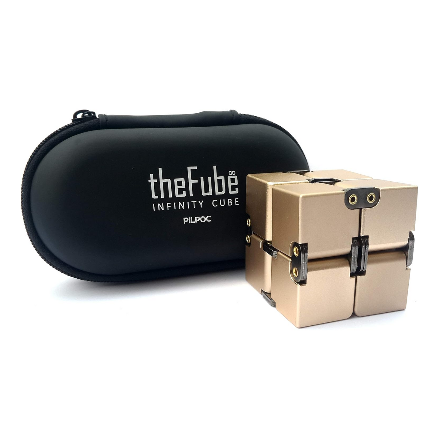 PILPOC theFube aluminum infinity cube fidget desk toy in gold color for stress and anxiety relief with carry case
